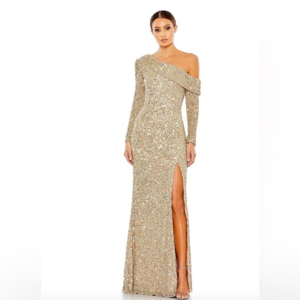 MAC DUGGAL Off Shoulder Gold Sequins Gown